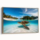 Framed canvas of a vintage-style landscape painting depicting Oahu, Hawaii, in muted gold and black tones.