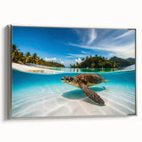 Framed canvas featuring a vintage-style landscape painting of Oahu, Hawaii, with vibrant colors on a black background.