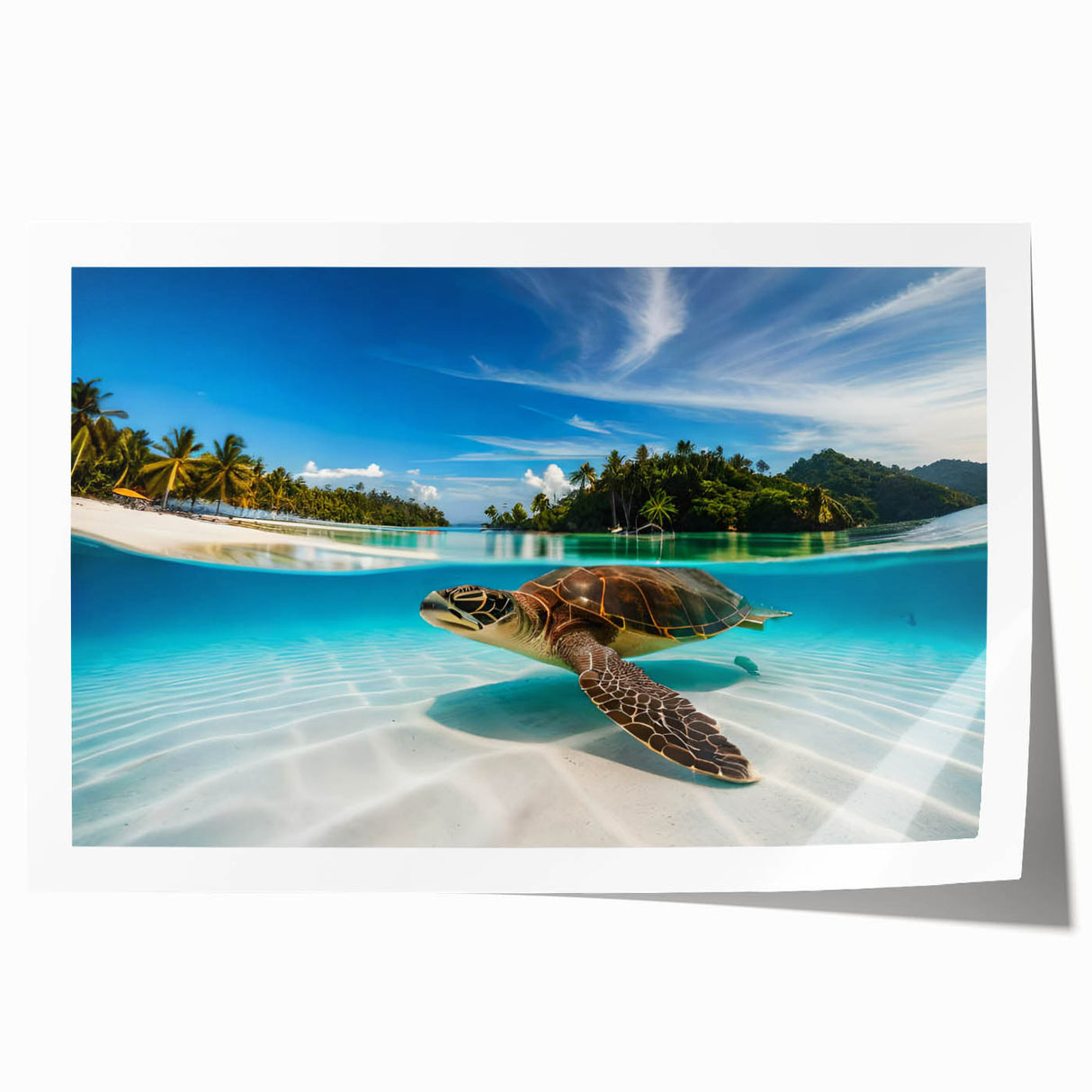 Extra large rolled print of Oahu's coastline in muted blues and greens, ideal for art wall dining room or bathroom.