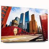 Acrylic print of a large abstract depiction of the Chicago skyline in cool blue and gray tones.