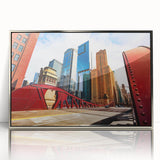 Mid-century modernist art depicting the Chicago skyline in muted blue and gray tones on a framed acrylic print.