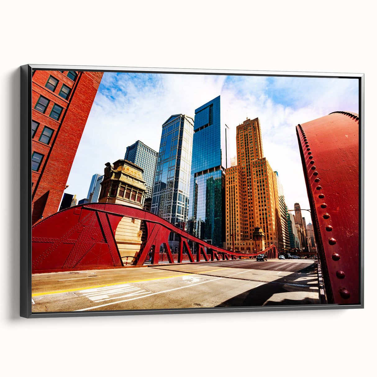 Black and white wall art featuring Chicago skyline on framed canvas, suitable for bedroom decor.