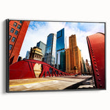 Black and white wall art featuring Chicago skyline on framed canvas, suitable for bedroom decor.