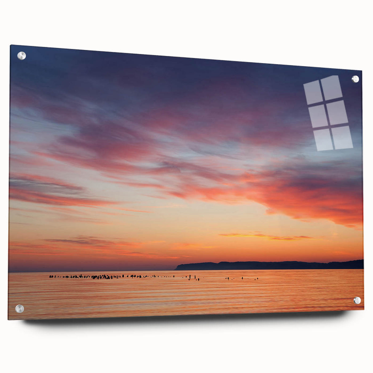 Acrylic print of Lake Michigan with soft blue and gray tones, ideal for modern bedroom or dining room decor.