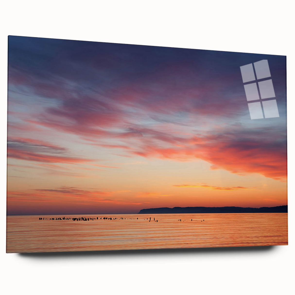 Large abstract depiction of Lake Michigan in muted blue and gray tones on acrylic glass.