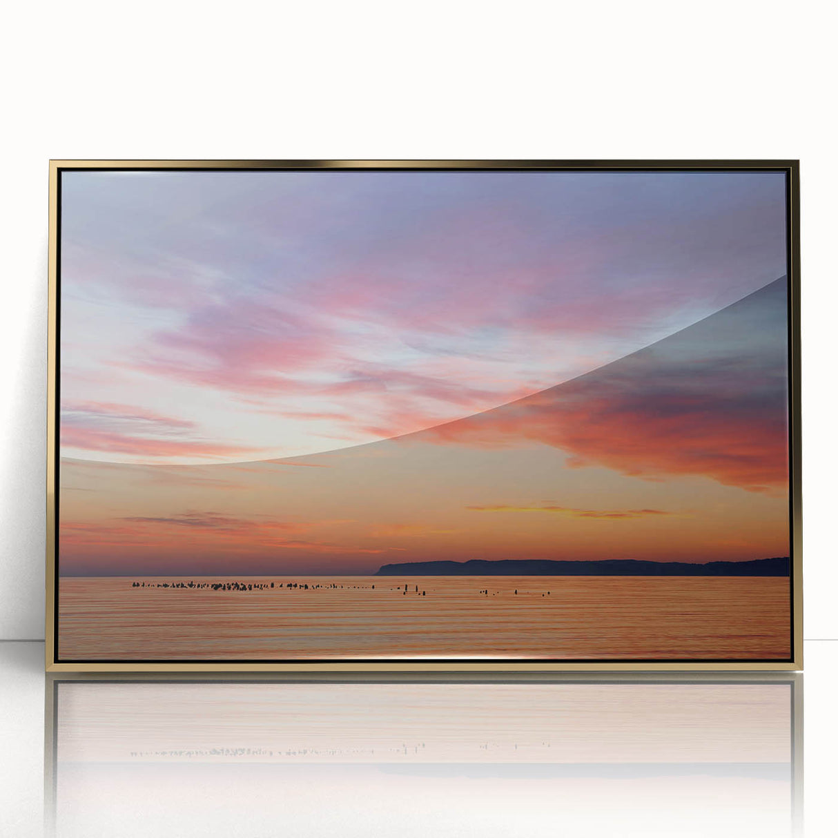 Large art print of Illinois Lake Michigan with muted blue and gold tones on framed acrylic, ideal for modern art wall decor.