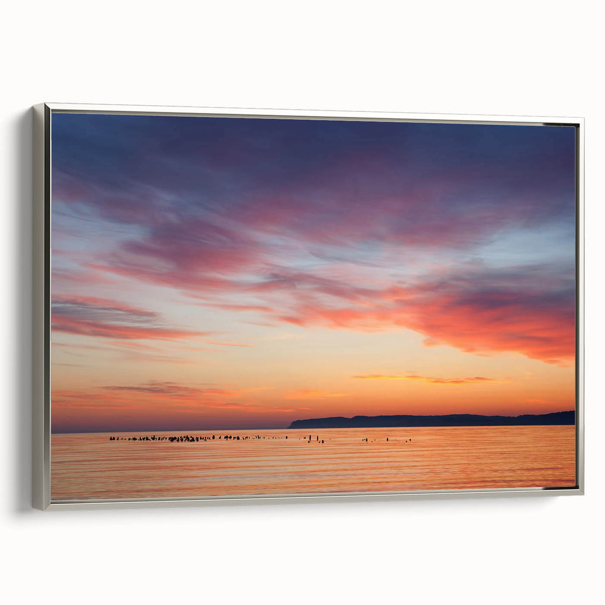 Framed canvas landscape art painting featuring Lake Michigan with a vintage poster style in black and colorful hues.