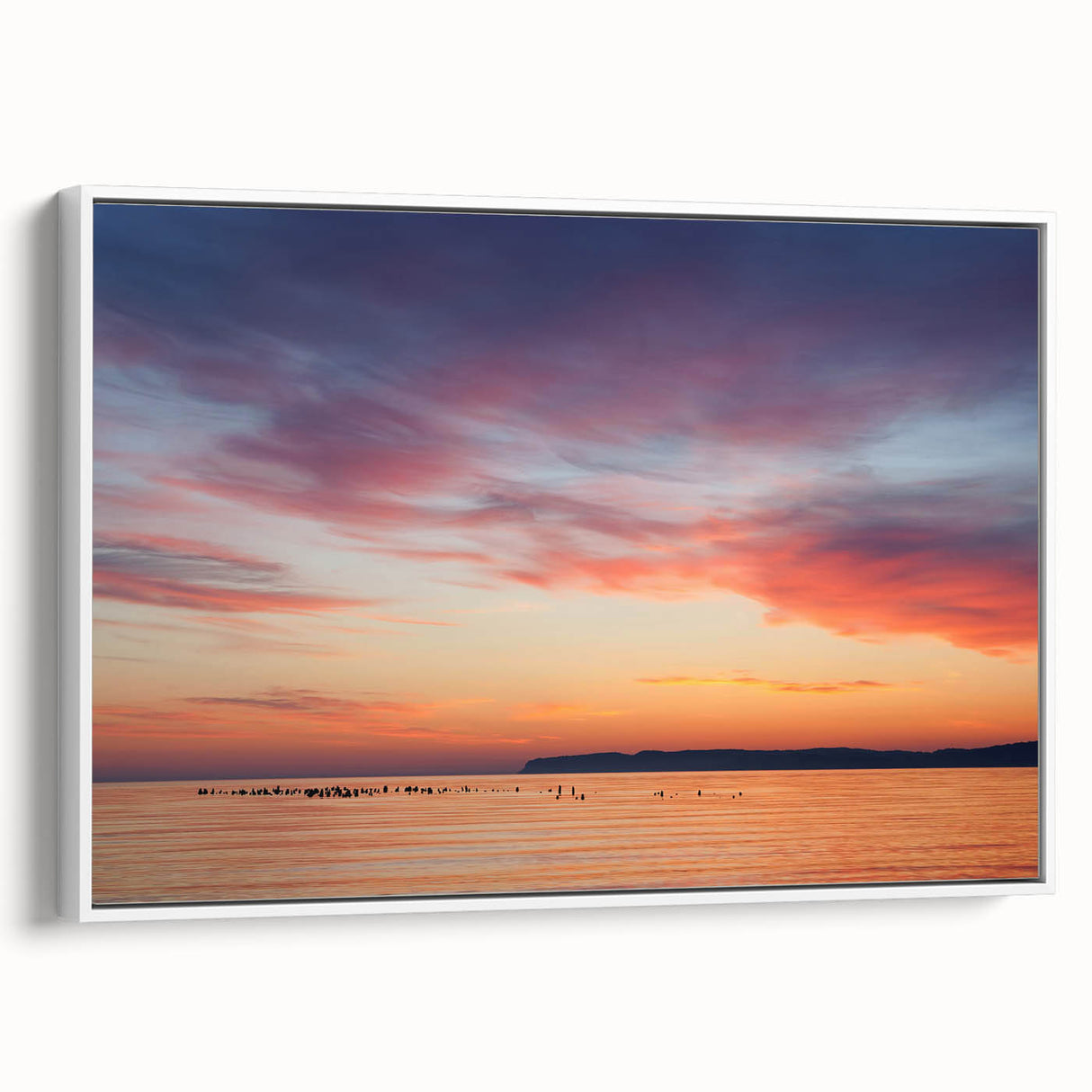 Vintage poster art of Lake Michigan with a colorful palette, framed in white, ideal for living room wall decor.