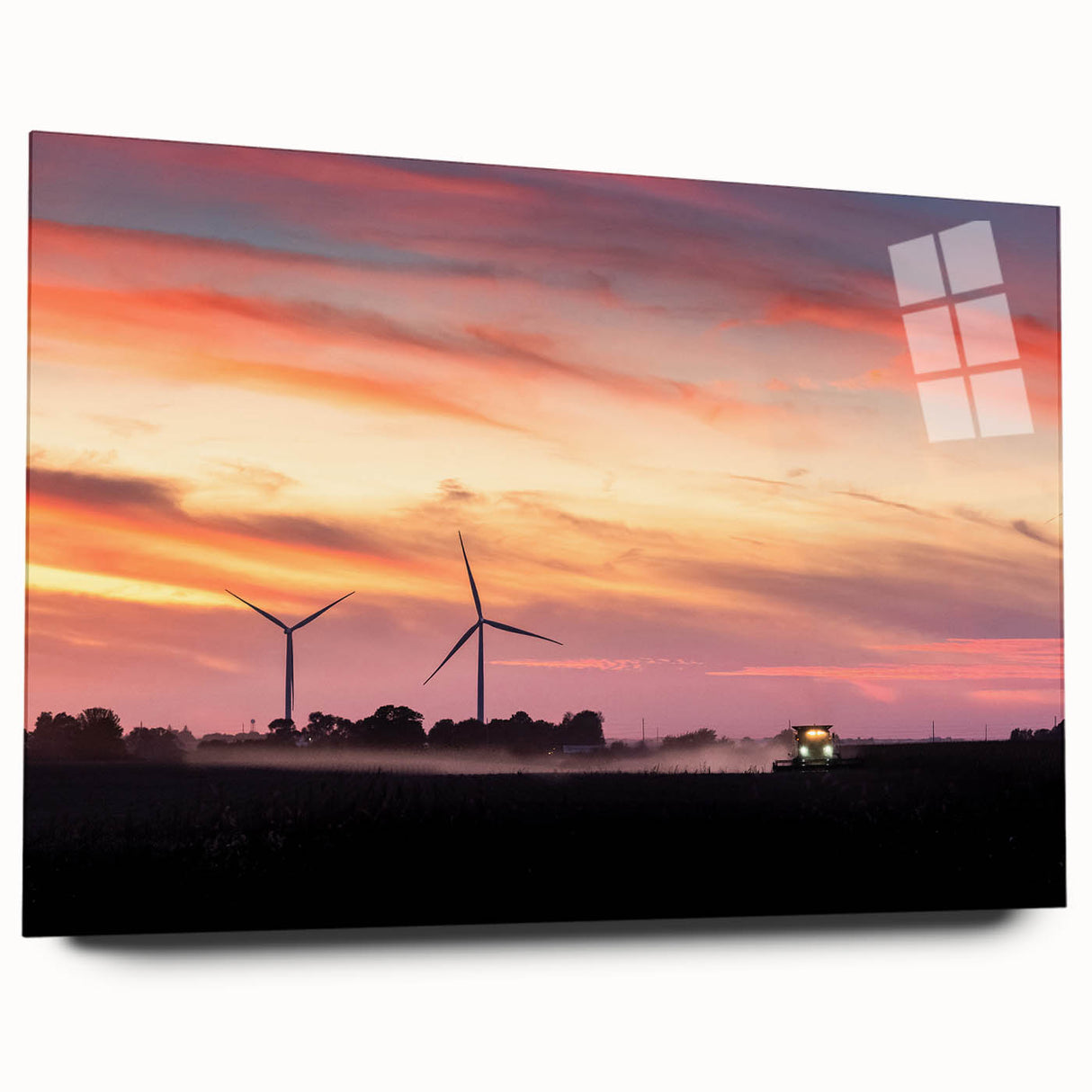 Large abstract wall art print of Iowa scenery on acrylic glass, featuring subdued earth tones.