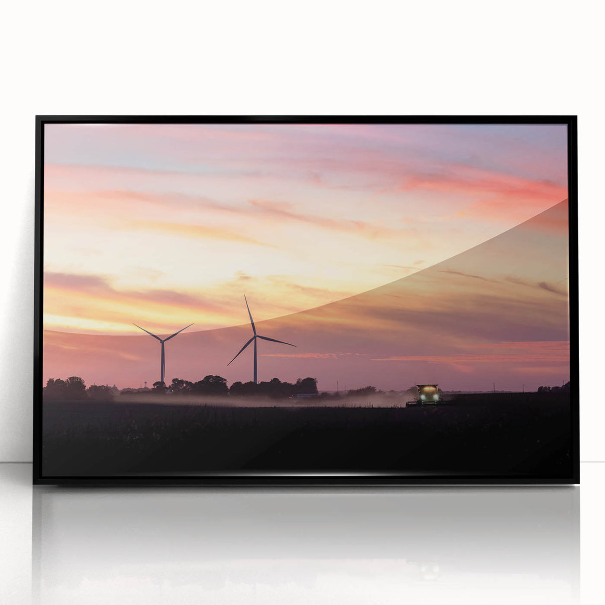 Large abstract wall art depicting a vibrant Iowa landscape in mid-century modernist style, acrylic framed in black.