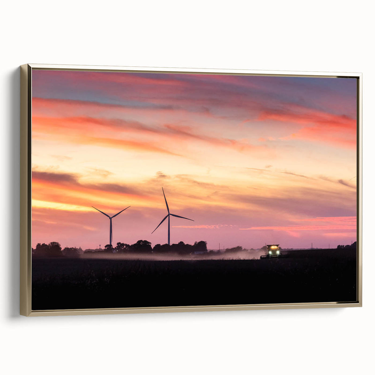 Framed canvas wall art featuring a vintage-style Iowa landscape in black and gold tones, ideal for bedroom decor.