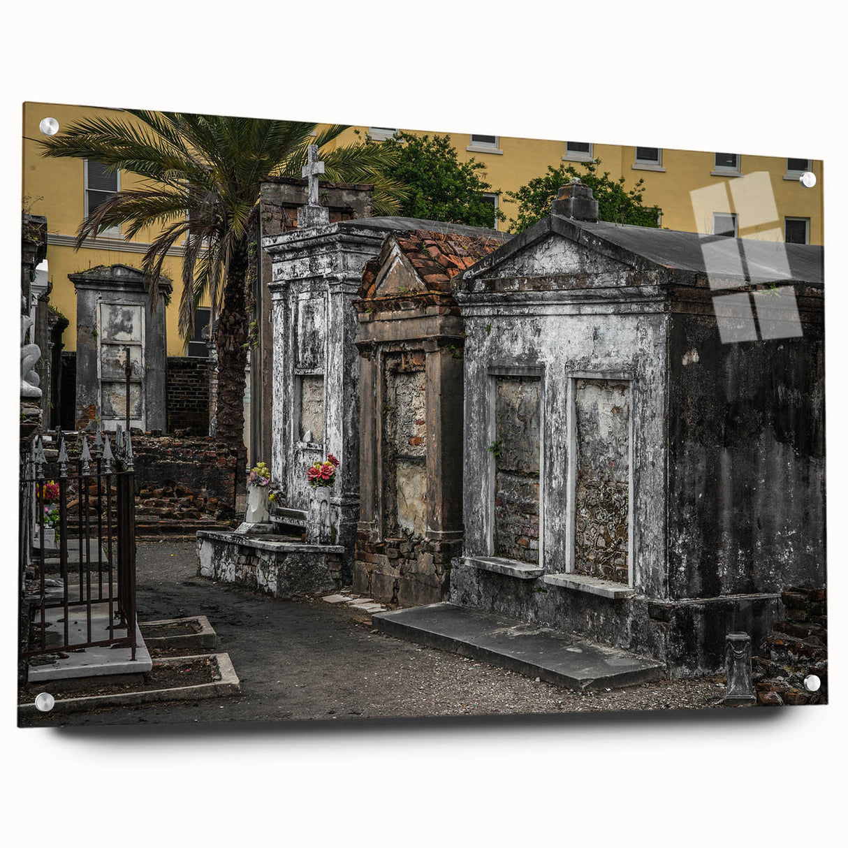 Acrylic print of a large abstract depiction of New Orleans in muted blues and greens, ideal for dining room decor.