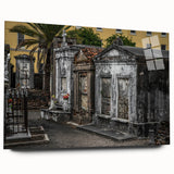 Acrylic print of a large abstract depiction of New Orleans in muted blues and greens.