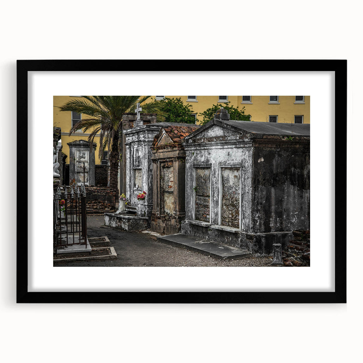 Colorful abstract art print of New Orleans scenery in vibrant hues on a large framed canvas, ideal for living room decor.