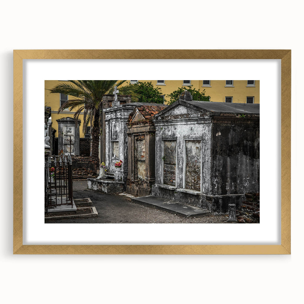 Extra large abstract art print depicting New Orleans scenery in gold frame, ideal for living room.