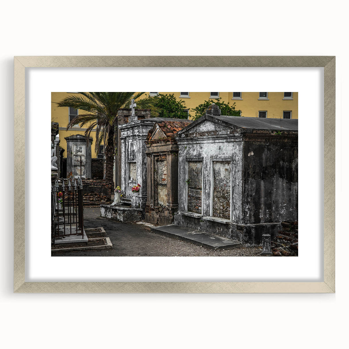 Textured abstract art print of New Orleans scenery in muted earth tones on a framed canvas, suitable for bedroom decor.