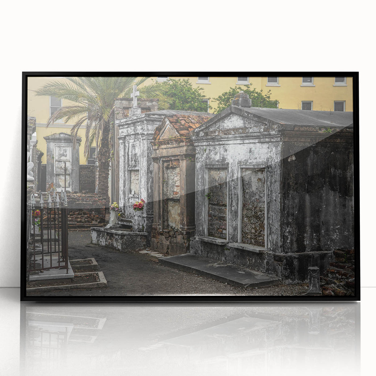 Large abstract wall art depicting a vibrant New Orleans scene in mid-century modernist style, framed in black acrylic.