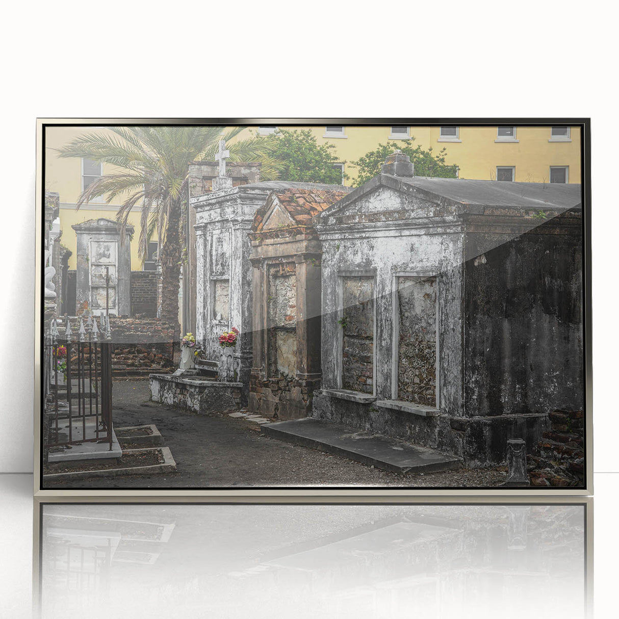 Mid-century modernist art depicting New Orleans in muted colors on a framed acrylic print, ideal for modern art wall decor.
