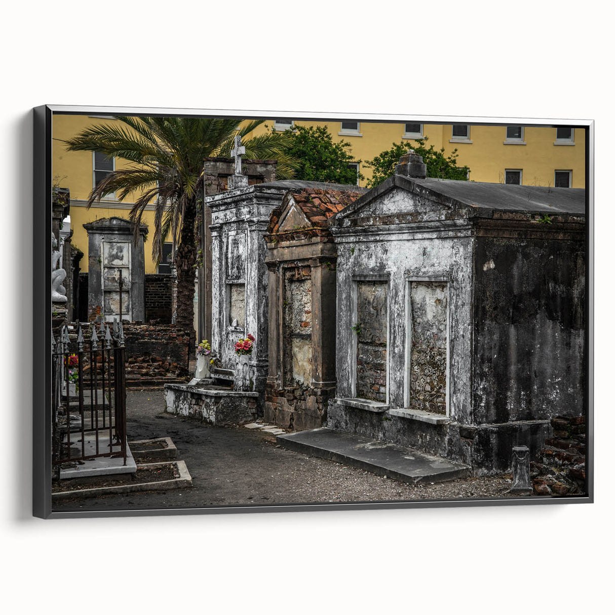 Black and white wall art of a vintage New Orleans landscape on framed canvas, suitable for bedroom decor.