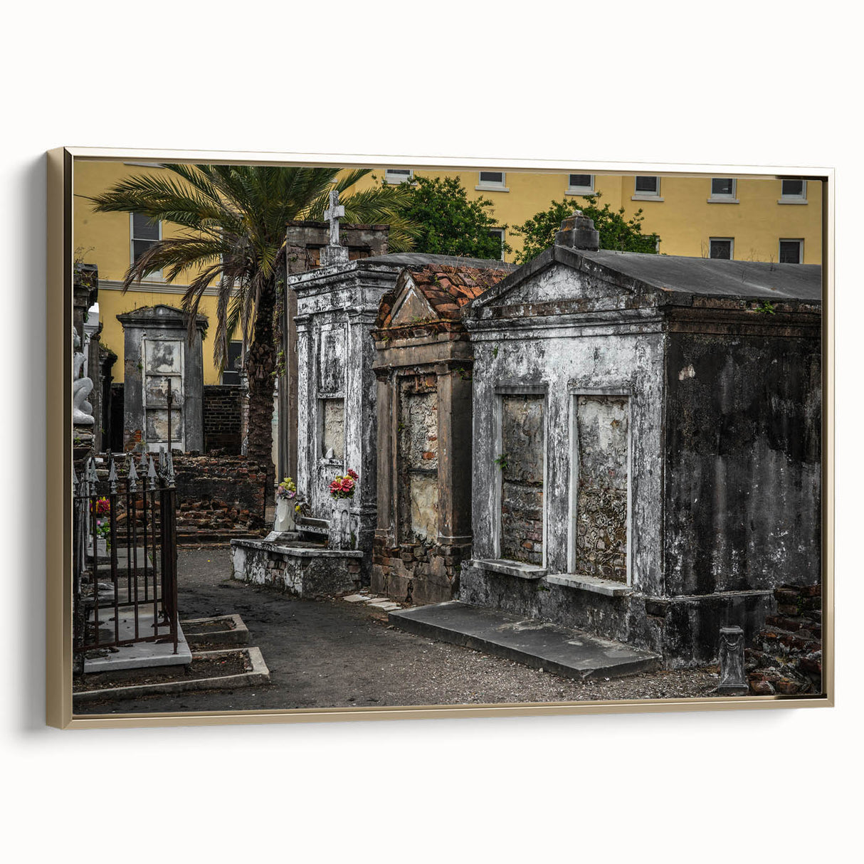 Framed canvas of a vintage-style New Orleans landscape in black and gold tones, ideal for bedroom wall art.