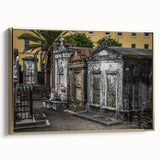 Framed canvas of a vintage-style New Orleans landscape in black and gold tones, ideal for bedroom wall art.