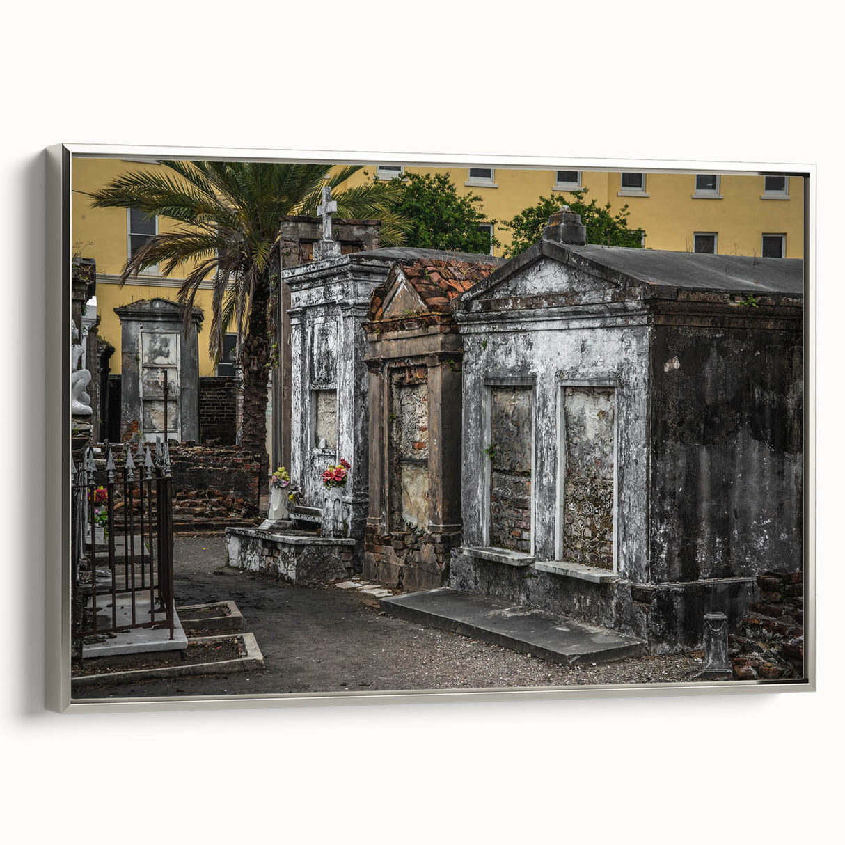 Framed canvas of a colorful New Orleans landscape painting in vintage poster style, ideal for living room decor.