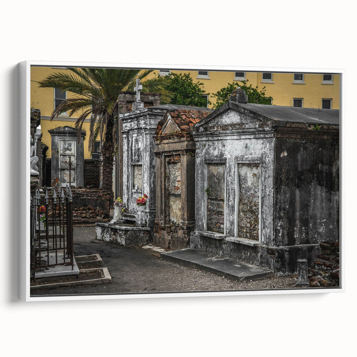 Vintage poster art of a colorful New Orleans street scene on a large framed canvas, ideal for living room decor.
