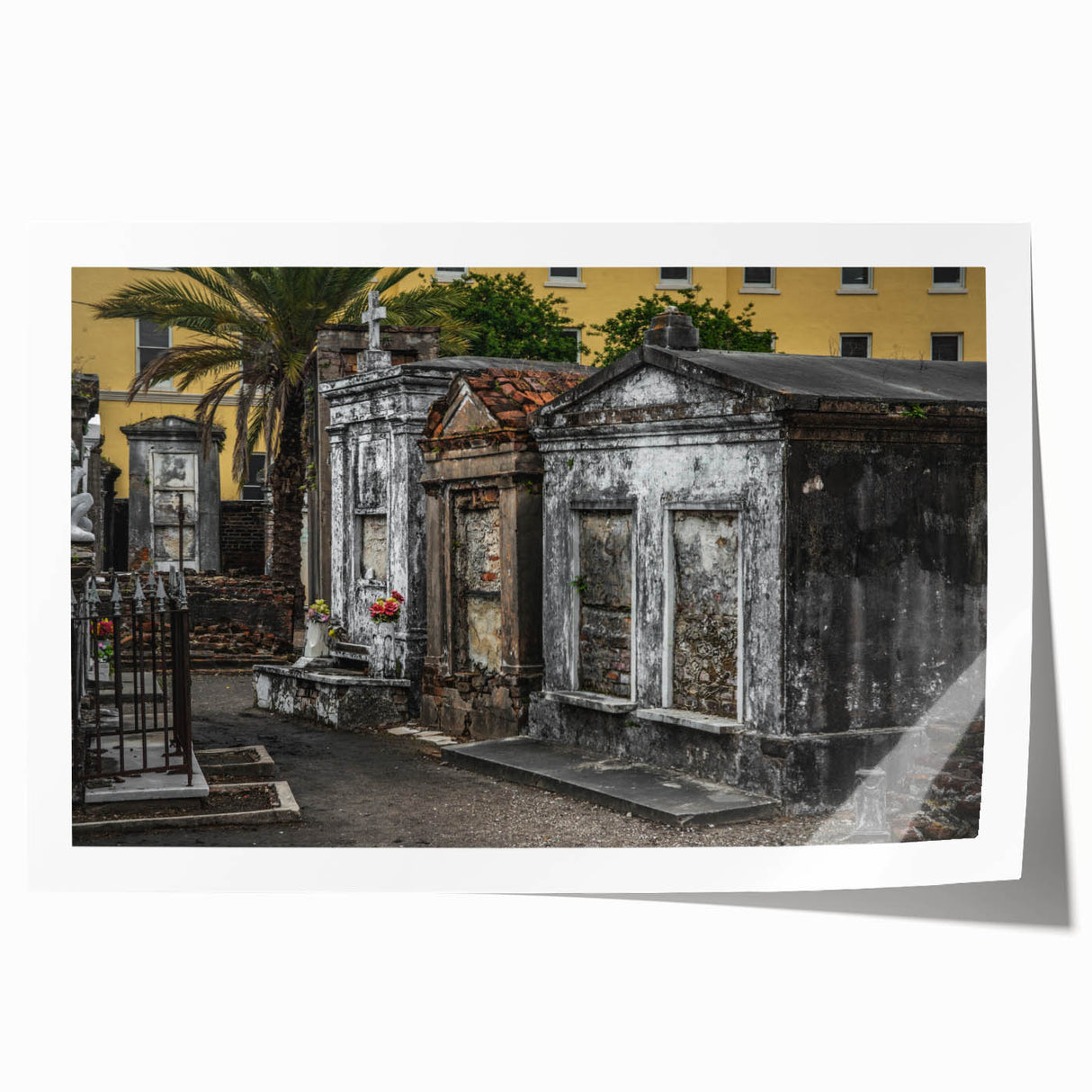 Rolled print of New Orleans scenery with floral elements in muted earth tones, ideal for art wall dining room.