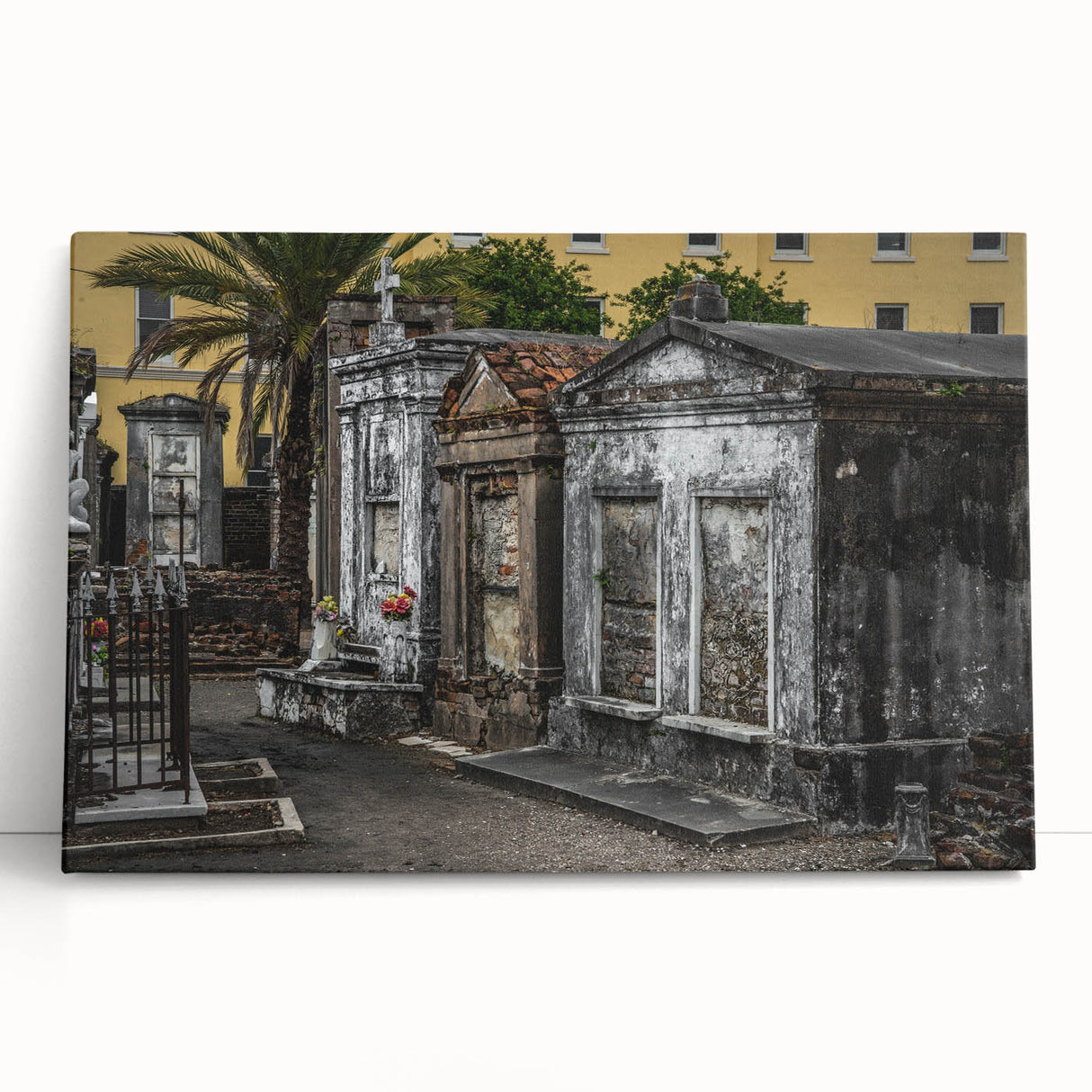 Black and white large art canvas depicting a detailed New Orleans streetscape.