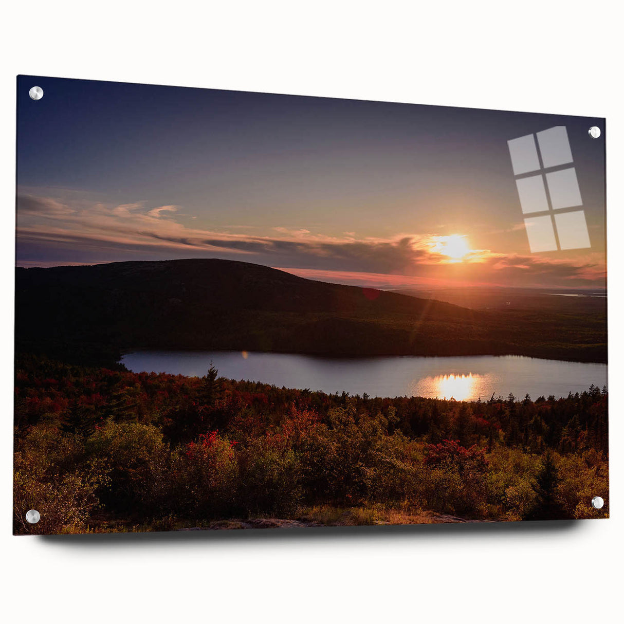 Acadia National Park scenery on large acrylic glass, featuring muted earth tones and lush greenery.