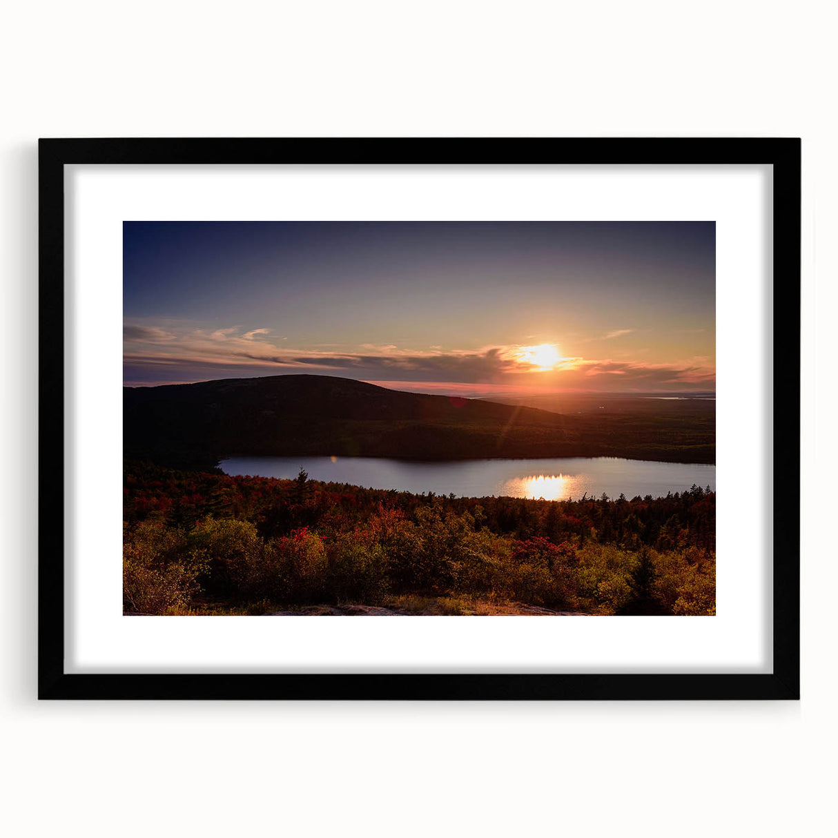 Colorful abstract art print of Acadia, Maine, in a black frame with mat, ideal for living room decor.