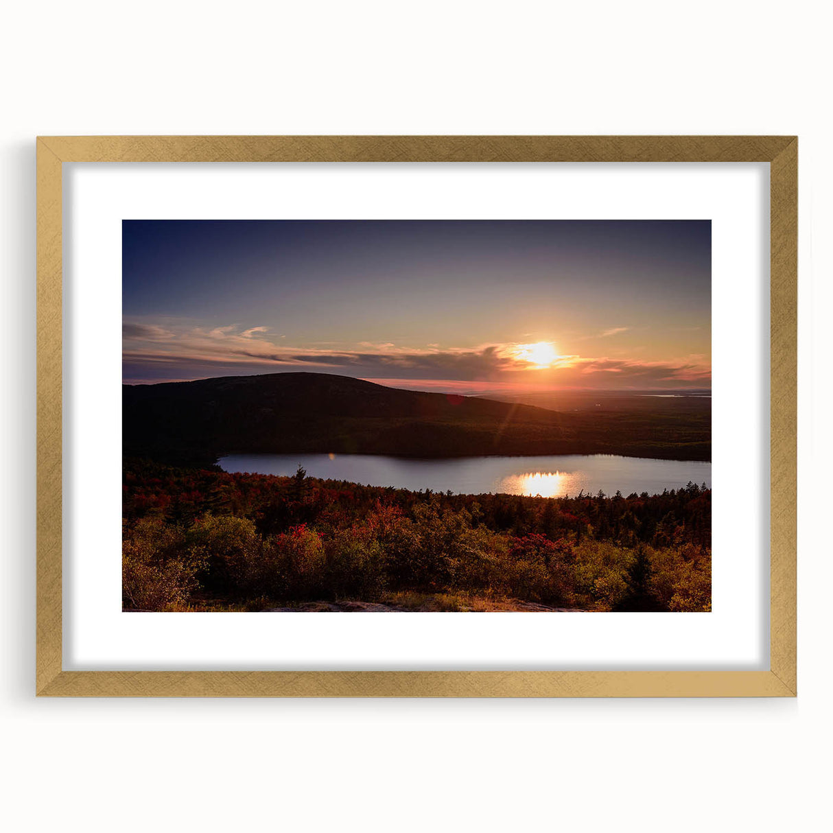 Extra large abstract art print of Acadia, Maine, in muted earth tones on a textured canvas, framed in gold.