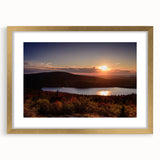Extra large abstract art print of Acadia, Maine, in muted earth tones on a textured canvas, framed in gold.