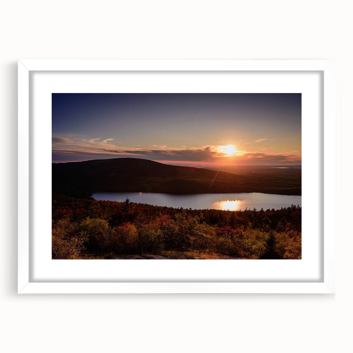 Abstract art print depicting Acadia National Park in muted earth tones on a framed white mat.