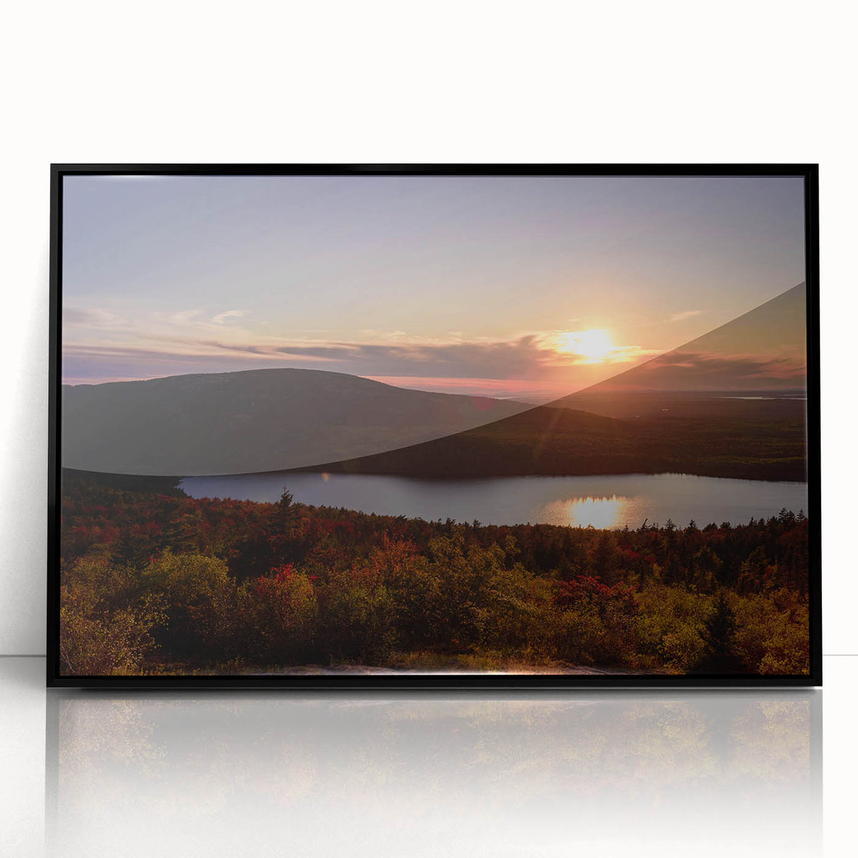 Large abstract wall art depicting Acadia, Maine, in muted earth tones on a framed acrylic.