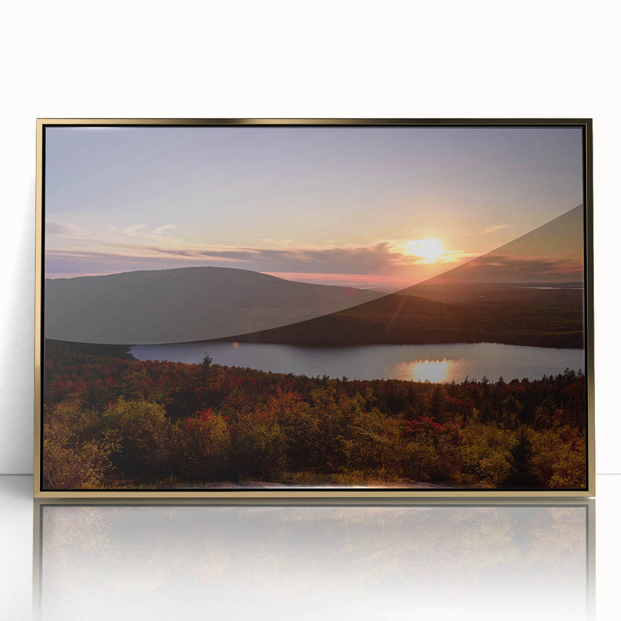 Acrylic print of Acadia, Maine scenery in a gold frame, featuring serene blue and green tones.