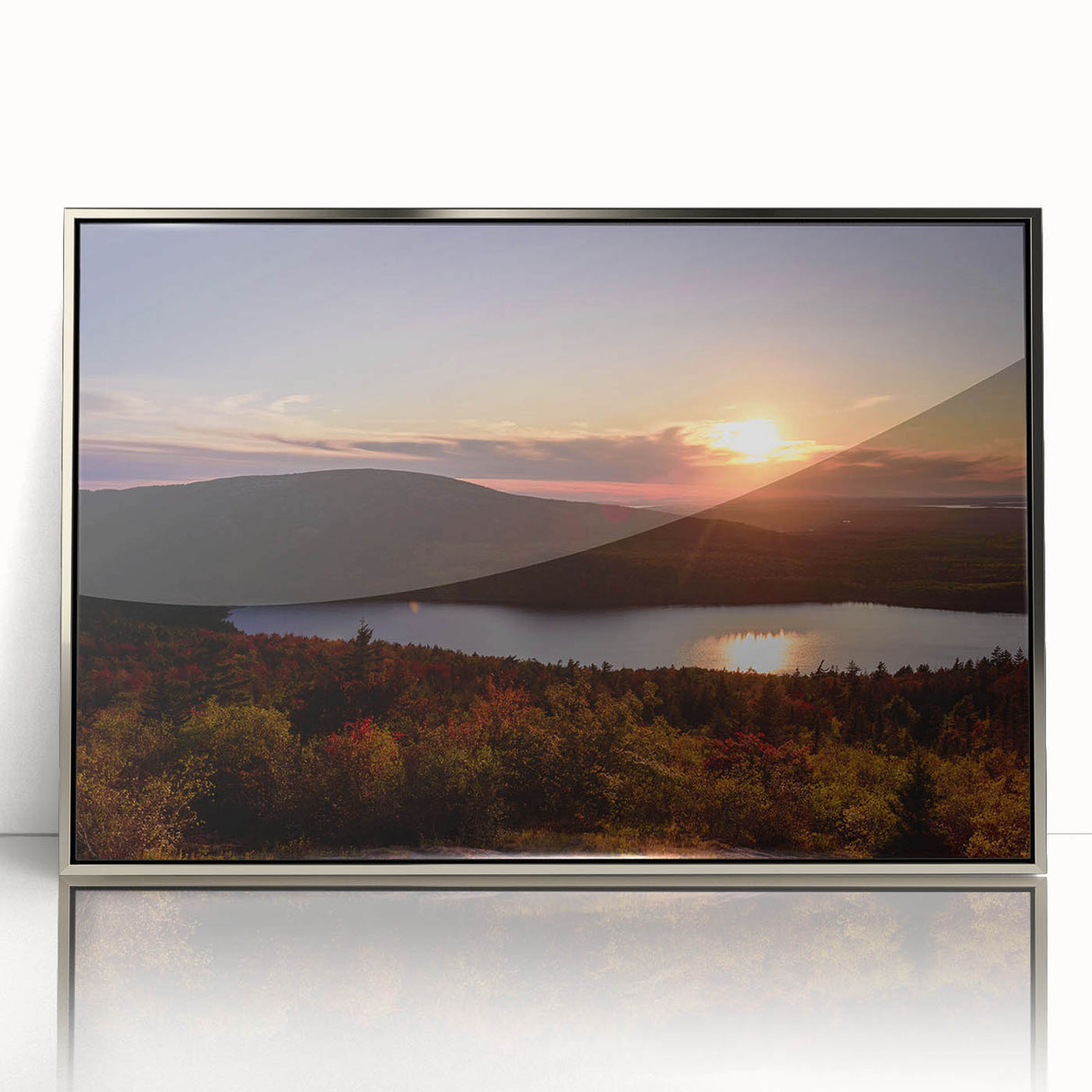 Mid-century modernist art depicting Acadia, Maine, in muted earth tones on a silver-framed acrylic print.