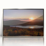 Mid-century modernist art depicting Acadia, Maine, in muted earth tones on a silver-framed acrylic print.