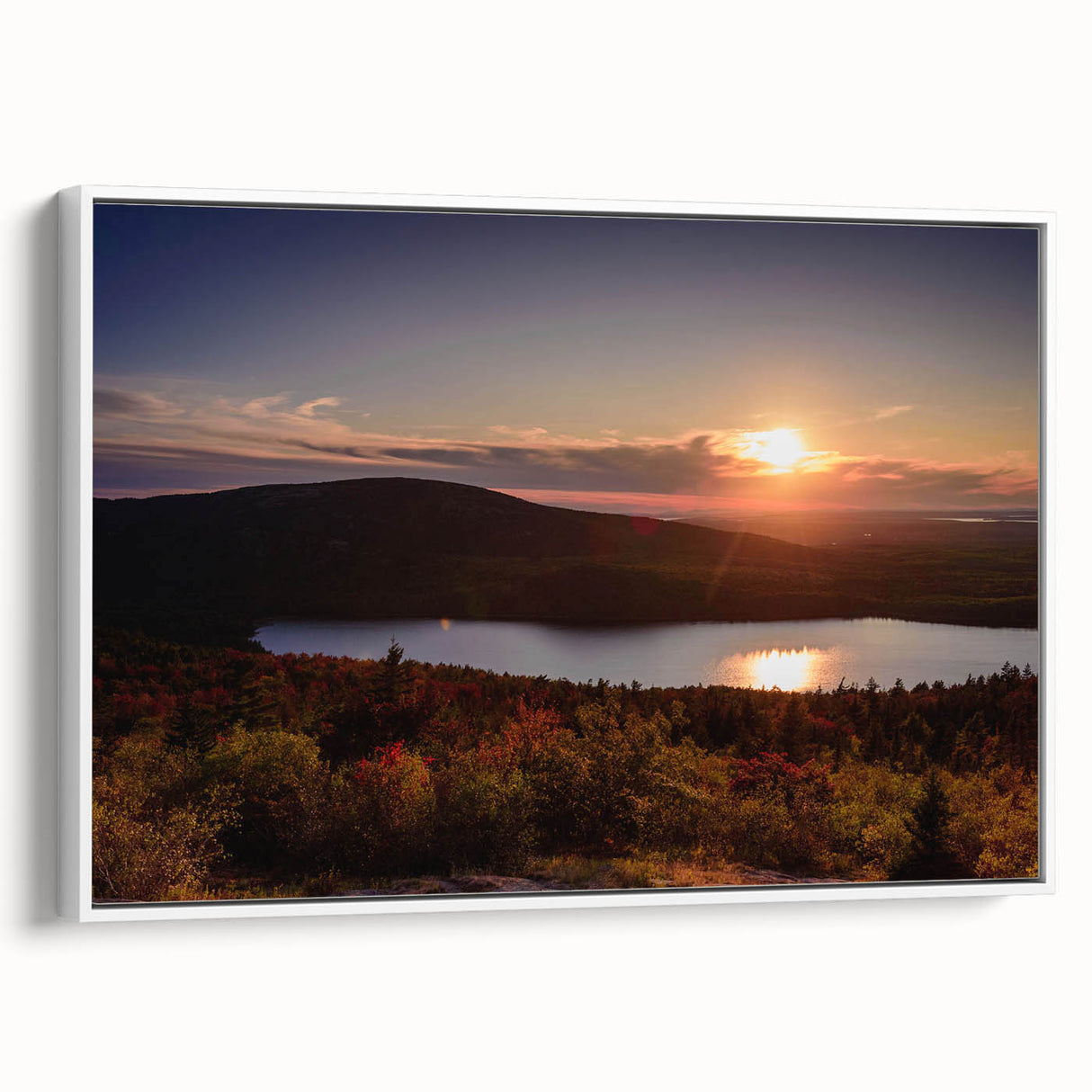 Framed canvas of Acadia, Maine landscape in vibrant colors, ideal for enhancing living room decor.