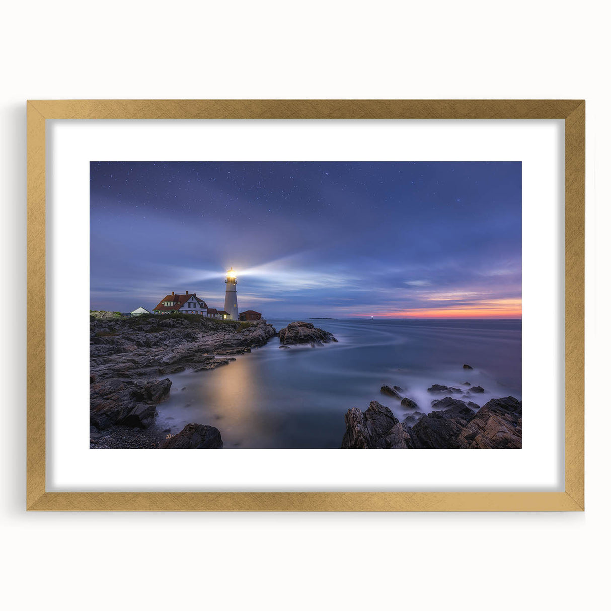 Extra large abstract art print of Maine scenery in textured style, featuring cool blue and gray tones on a framed canvas.