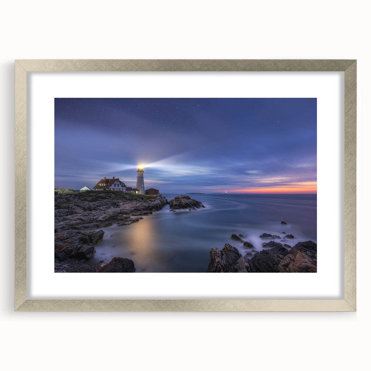 Textured abstract art print depicting a serene Maine landscape in muted blues and greens, framed in silver.