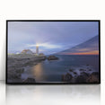 Large abstract wall art depicting a Maine scenery in mid-century modernist style, framed in black acrylic.
