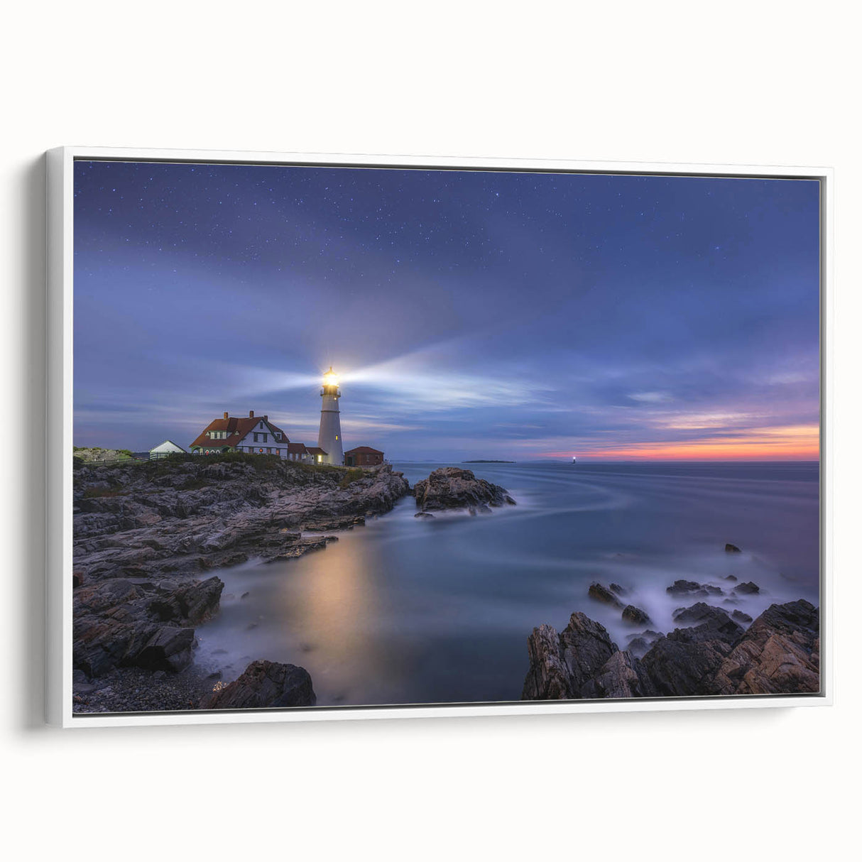Vintage poster art of a Maine landscape in vibrant colors on a large framed canvas, suitable for living room decor.