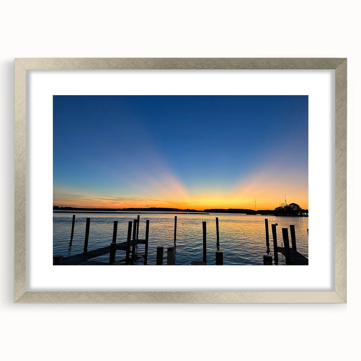 Textured abstract art print of Annapolis scenery in muted blue and gray tones, framed in silver.