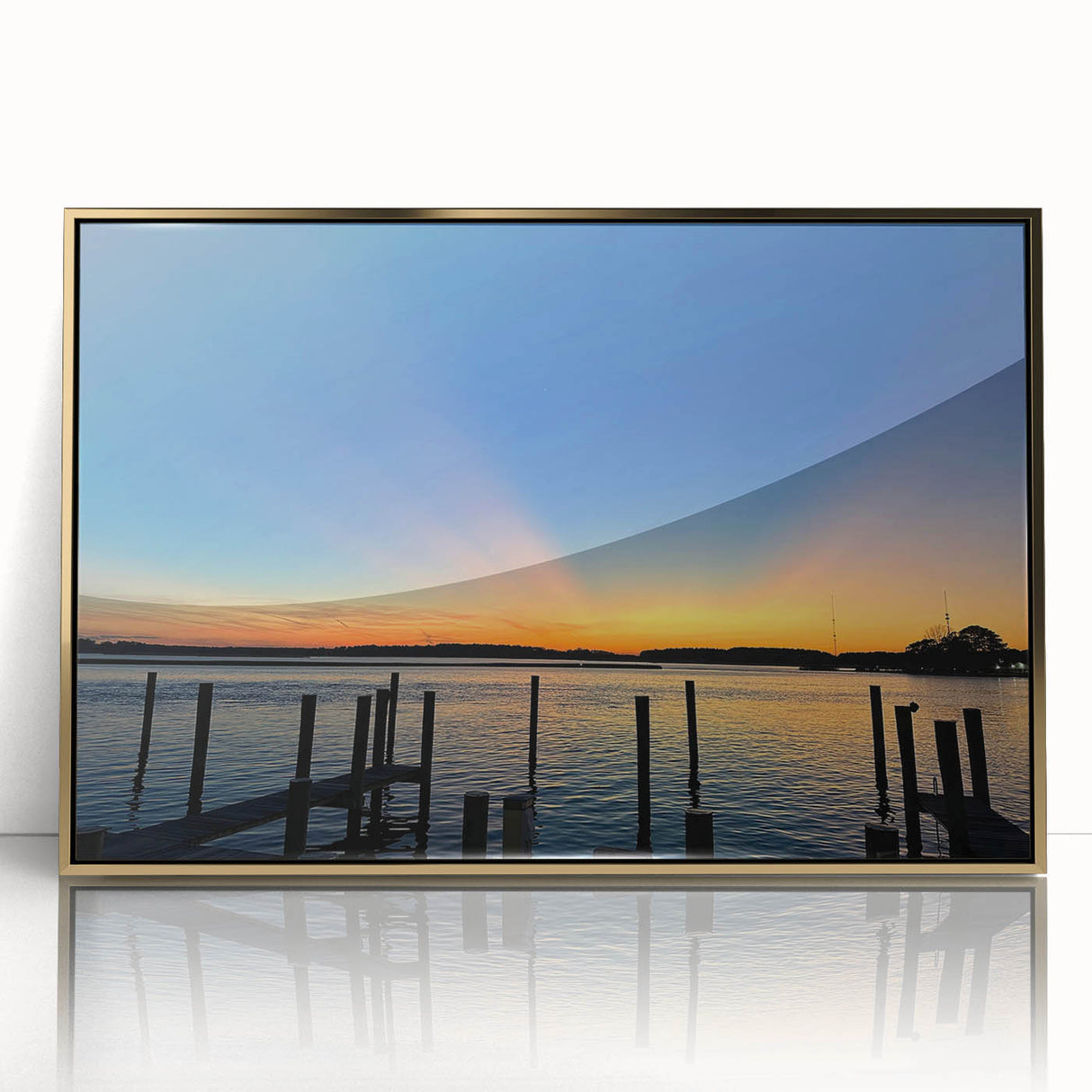 Framed acrylic print of Annapolis, Maryland scenery in gold and blue tones, ideal for modern art wall decor.