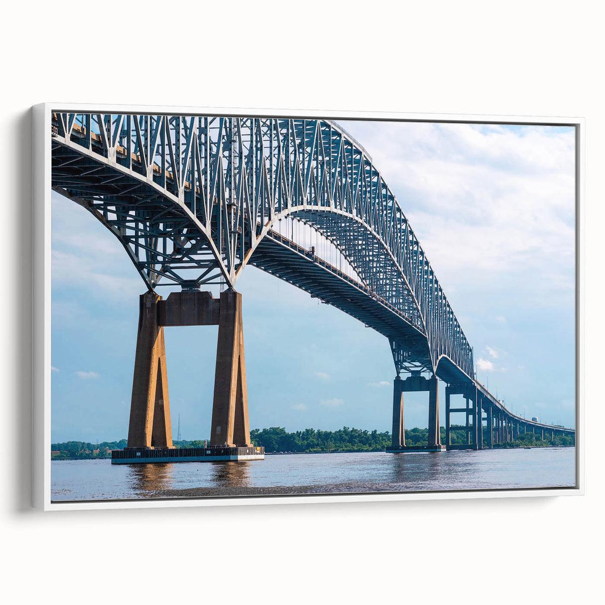 Framed canvas of vintage poster art featuring the Baltimore skyline in colorful hues, ideal for living room decor.