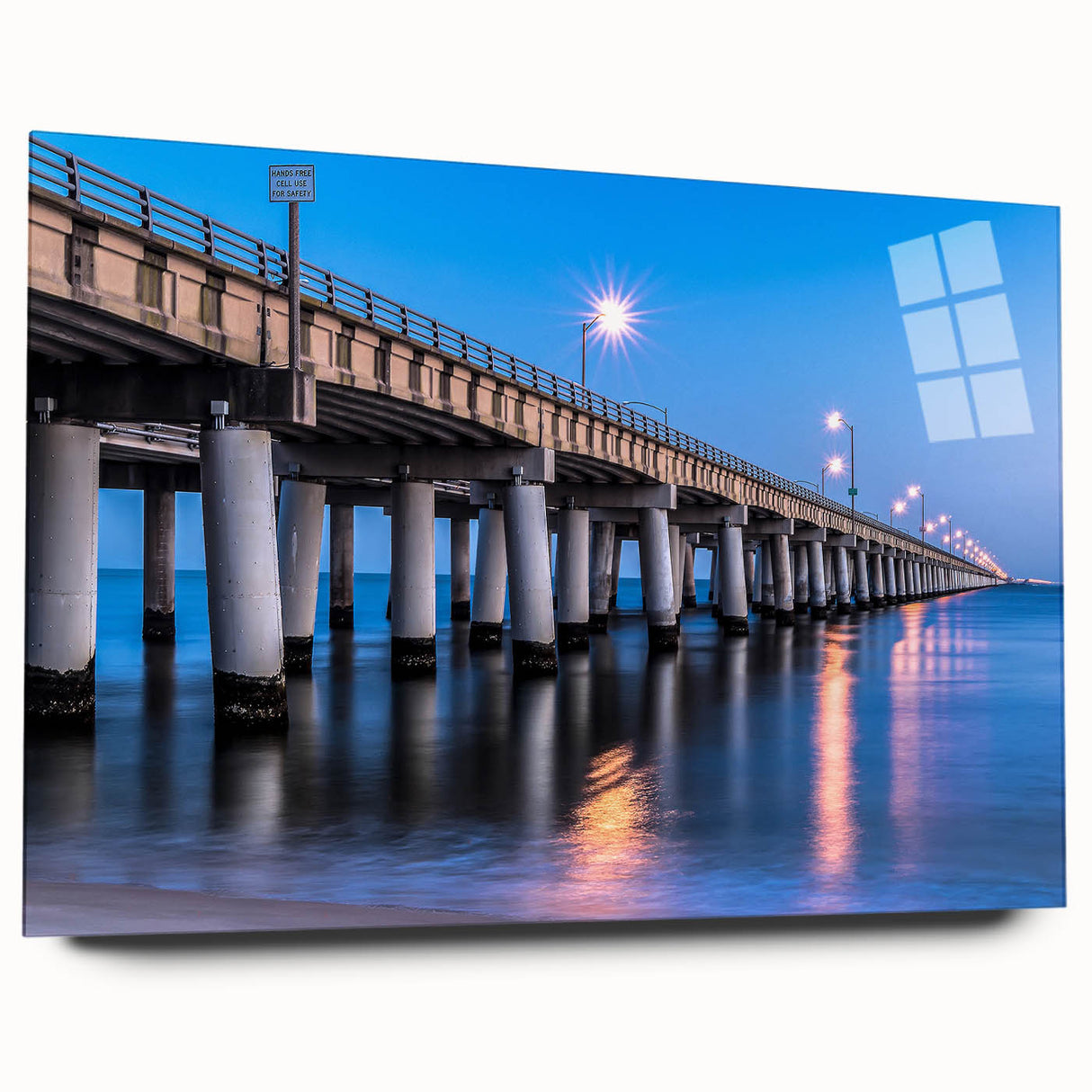 Large abstract wall art of Chesapeake Bay in muted blue tones on acrylic glass, ideal for bedroom or dining room decor.