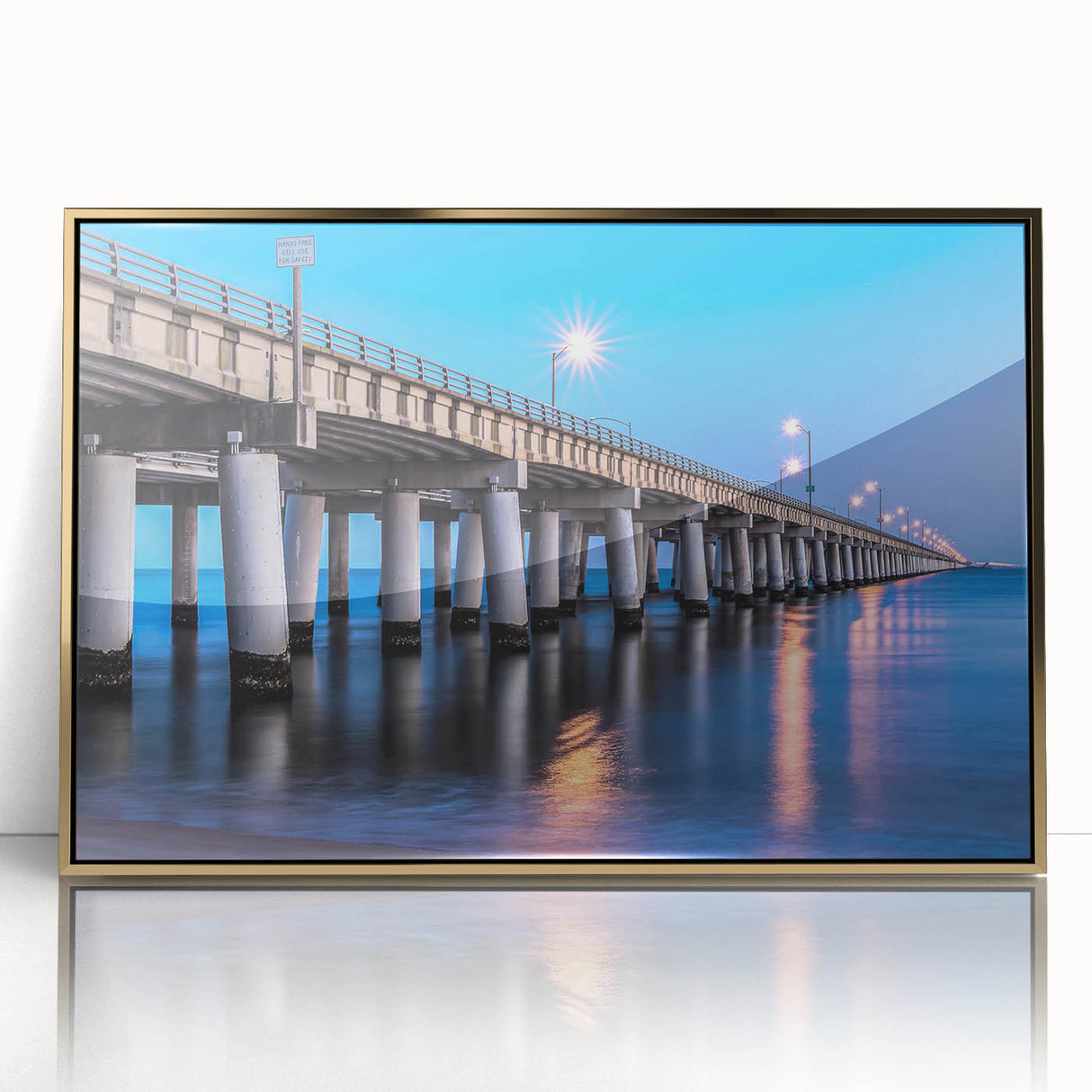 Large art print of Chesapeake Bay, Maryland, in mid-century modernist style with gold frame, ideal for modern art wall decor.