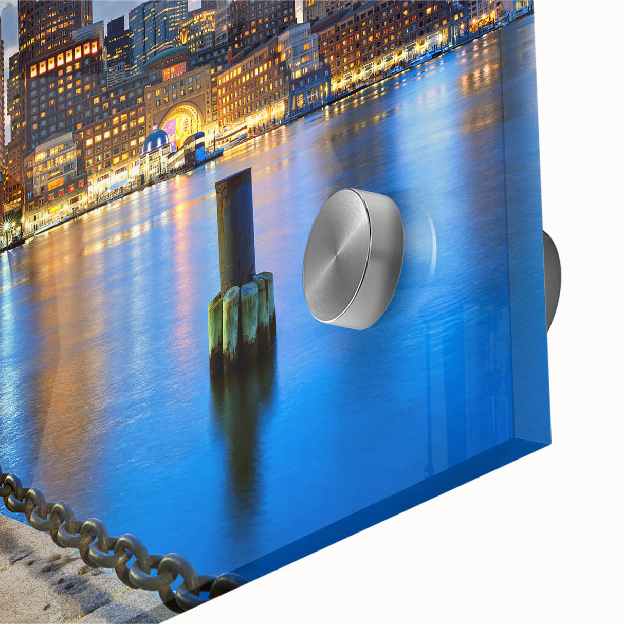 Mid-century modernist style depiction of the Boston skyline in muted blues and greens on acrylic glass.