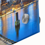 Mid-century modernist style depiction of the Boston skyline in muted blues and greens on acrylic glass.
